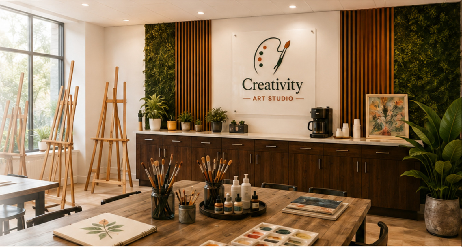 A warm, light-filled Creativity Art Studio with easels, paints, and brushes