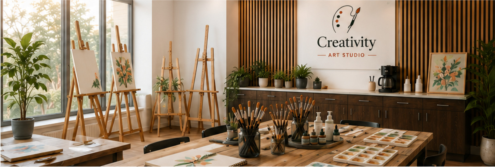 A welcoming Creativity Art Studio prepared with easels and art supplies
